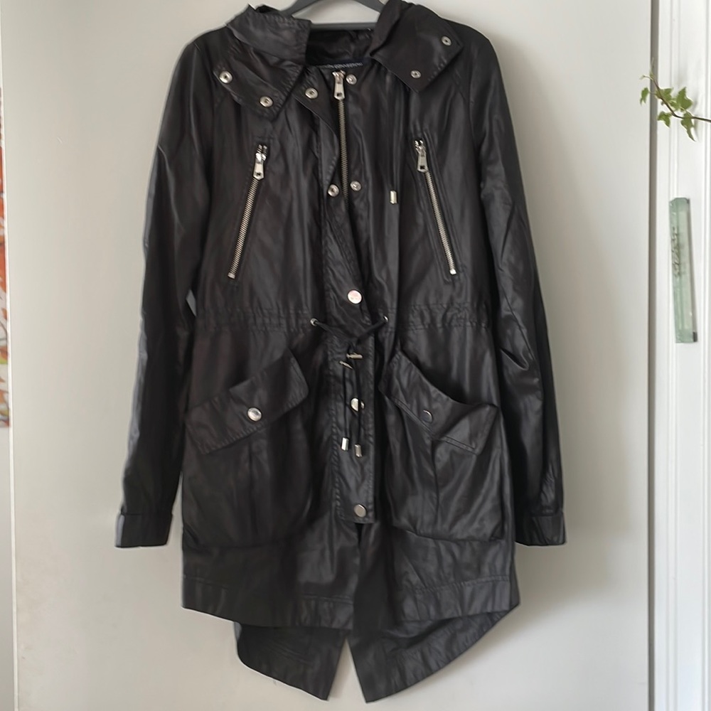 LAST DAYS. MOVING. CLOSE OUT. FRENCH CONNECTION BLACK RAIN COAT. EUC